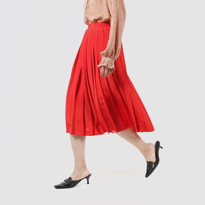 [Egg plant vintage] Cherry arrow print vintage pleated skirt - Skirts - Polyester Red