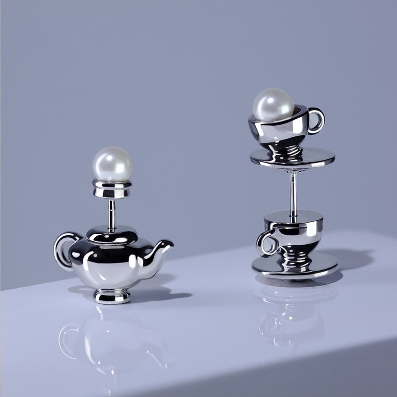 Teapot teacup personality original earrings ab asymmetric style - ต่างหู - โลหะ สีเงิน