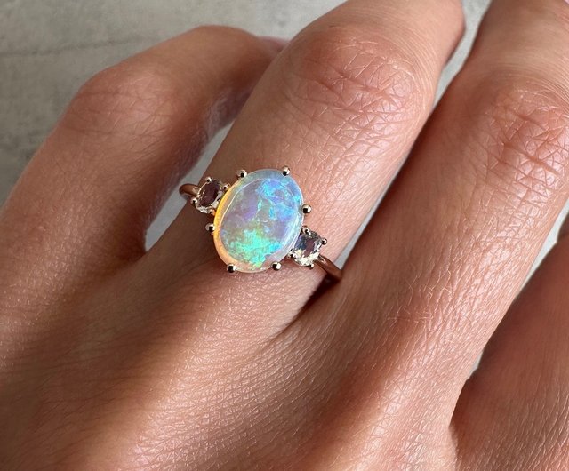 天然オパールリング、カラフルな石リング、宝石リング、14K