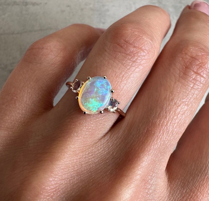Natural Opal Ring, Colourful Stone Ring, Gemstone Ring, 14k Solid Gold Ring - 對戒 - 純銀 金色