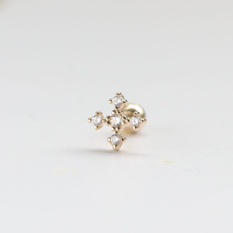 14K cross diamond bead earrings (single) - ต่างหู - เครื่องประดับ สีทอง