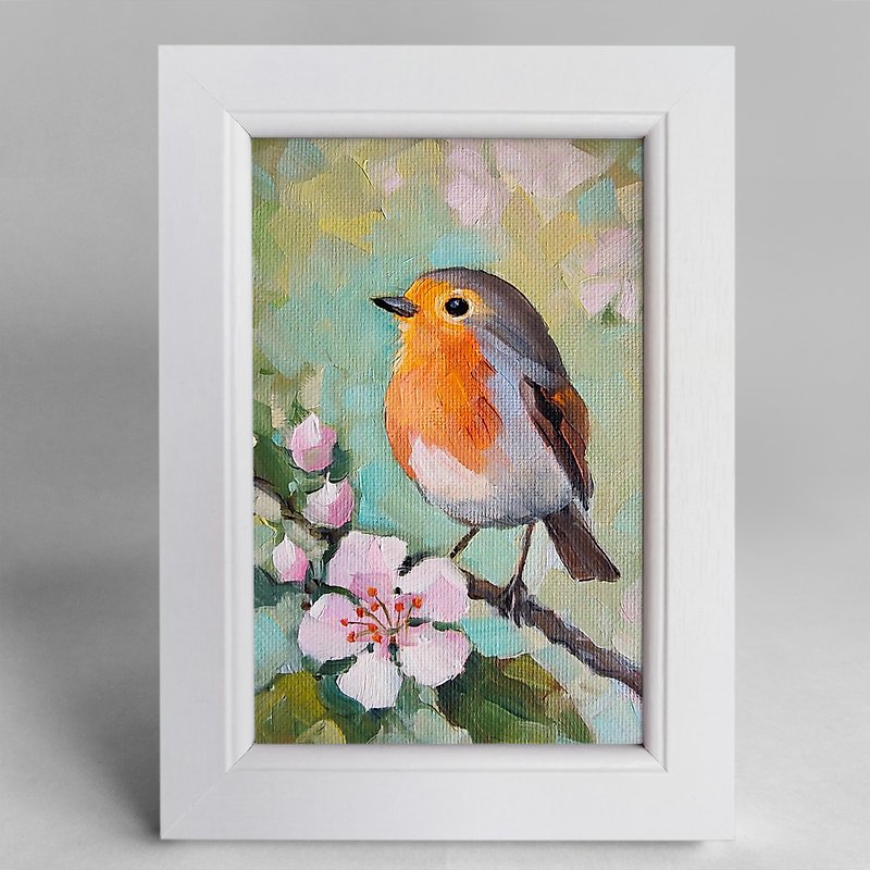 Little Bird Oil Painting on canvas Framed Original Birthday Mother's day gift - Posters - Cotton & Hemp 