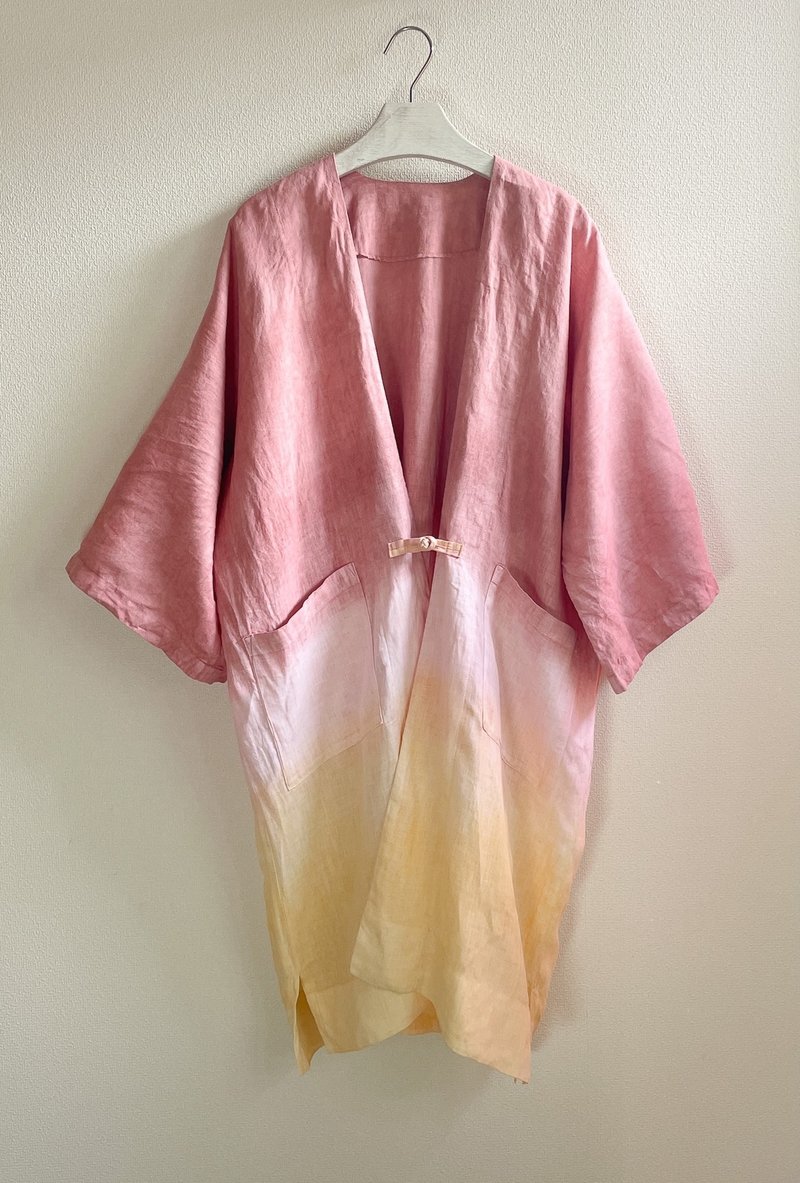 Made in Japan, hand-dyed Sunset Haori jacket, mud-dyed French Linen haori, earthy colors, sunset - Women's Tops - Cotton & Hemp Yellow