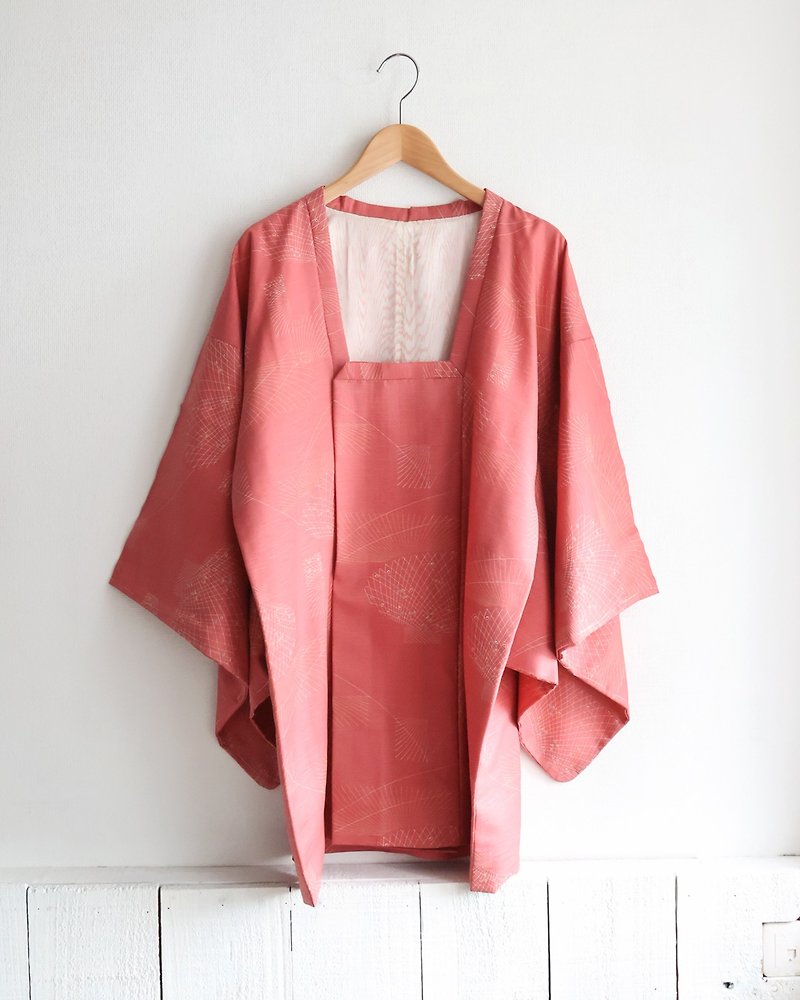 日本製和風幾何印花桃粉紅薄款古著道行羽織和服外套 - 外套/大衣 - 聚酯纖維 粉紅色