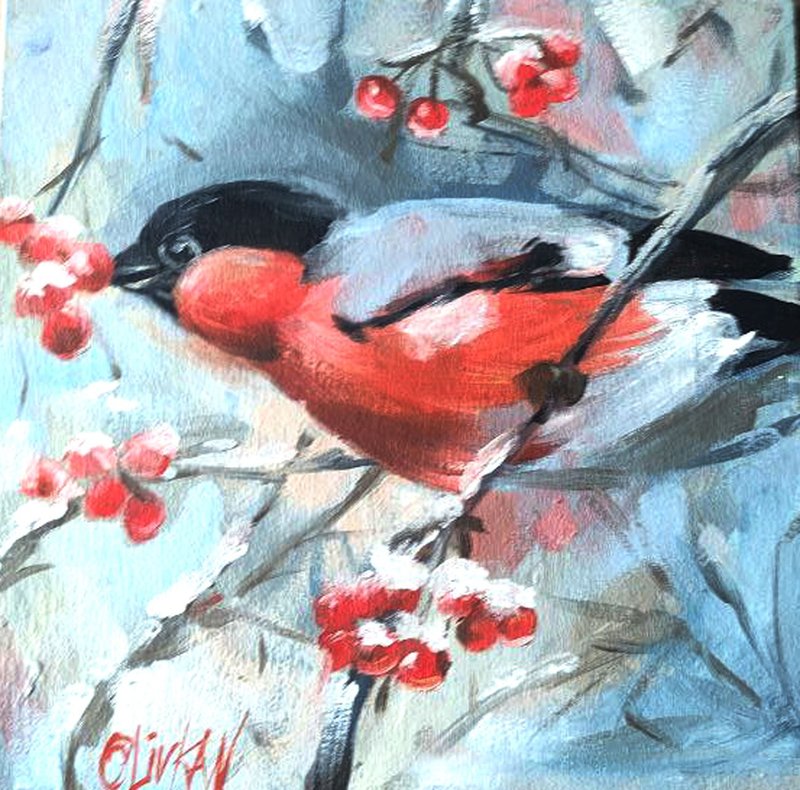 Bullfinch Painting 牛蛙 Original Art Bird Artwork Original Oil Painting - โปสเตอร์ - วัสดุอื่นๆ สีแดง