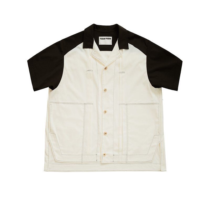 FUSIO FUSIO - 拼接短袖襯衫 - 黑 米白 - 男裝 恤衫 - 其他材質 多色