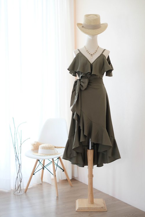 KEERATIKA Olive green bridesmaid dress Wrap dress party prom cocktail evening gown
