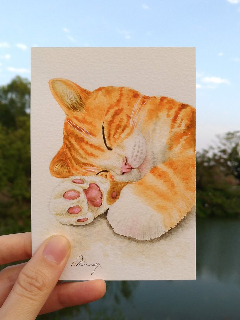 眠っているオレンジ色の猫ぶち猫水彩ペット絵画動物絵画肖像画カードオリジナル絵画 - ポスター・絵 - 紙 