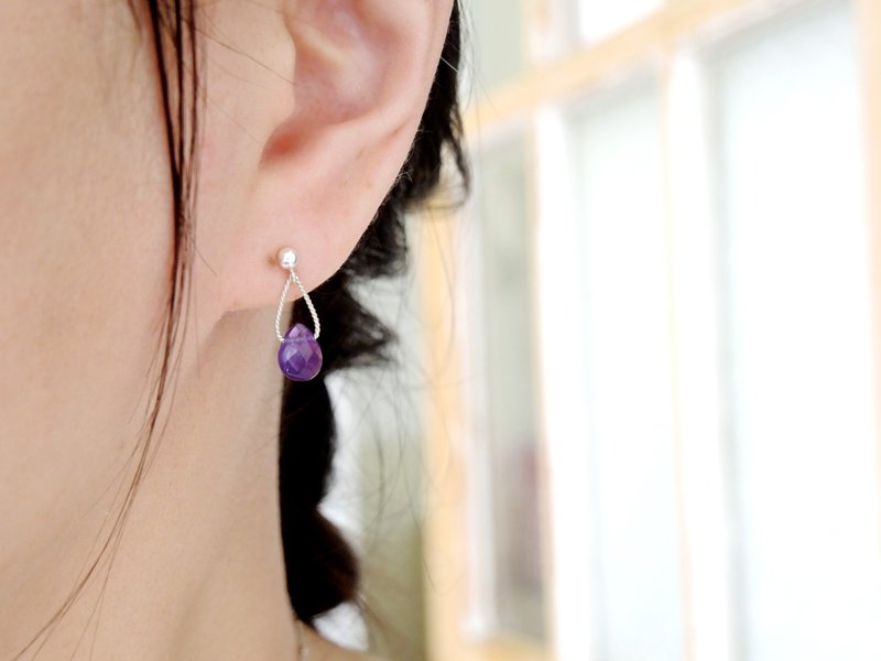 Customized gift-drop-bright and elegant drop-shaped amethyst twist design 925 sterling silver earrings - ต่างหู - เครื่องเพชรพลอย สีม่วง