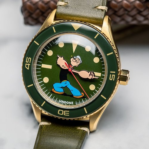 SometimesLab UNDONE x Popeye 大力水手 限量聯名金色殼綠圈皮帶自動錶