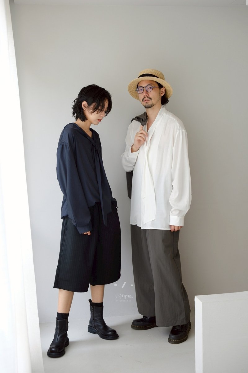 海王慵懶法式領帶寬鬆襯衫 - 2色 - 法式白 - 男襯衫/休閒襯衫 - 其他人造纖維 白色