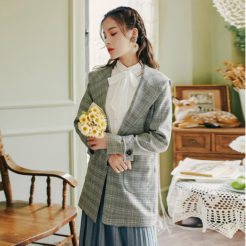 Early autumn wear new 2018 centuries retro fashion big lapel plaid jacket - Women's Casual & Functional Jackets - Other Materials Gray