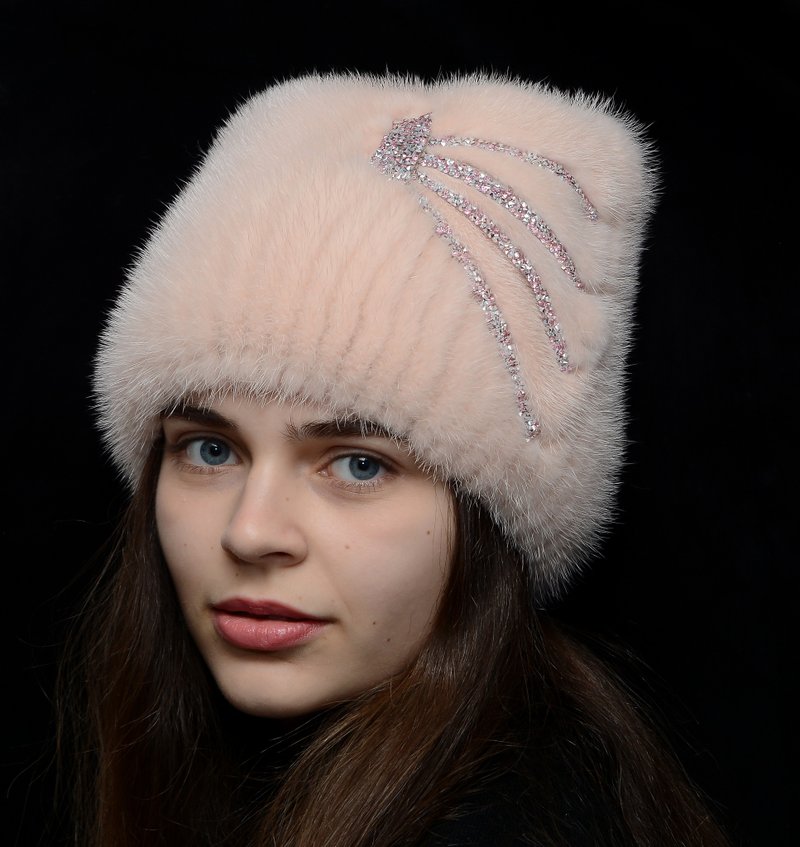 Mink Fur Hat Winter Women's Knitted Mink Hat Warm Real Fur Hat Knit Fur Hat - Hats & Caps - Wool Multicolor