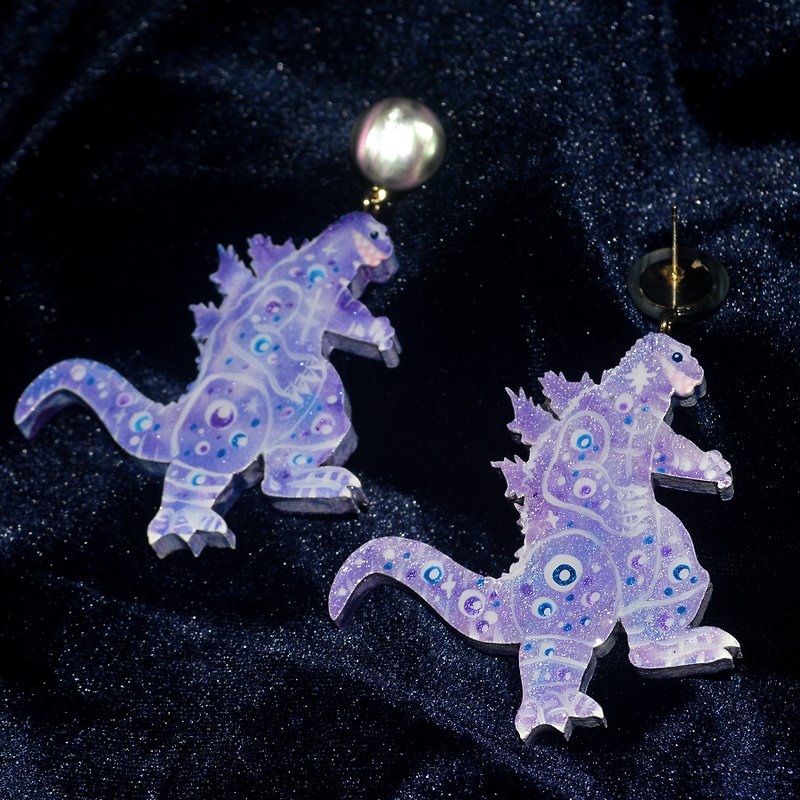 Blue and Purple Color Fantasy Godzilla Monster Exaggerated Earrings - Earrings & Clip-ons - Wood Purple