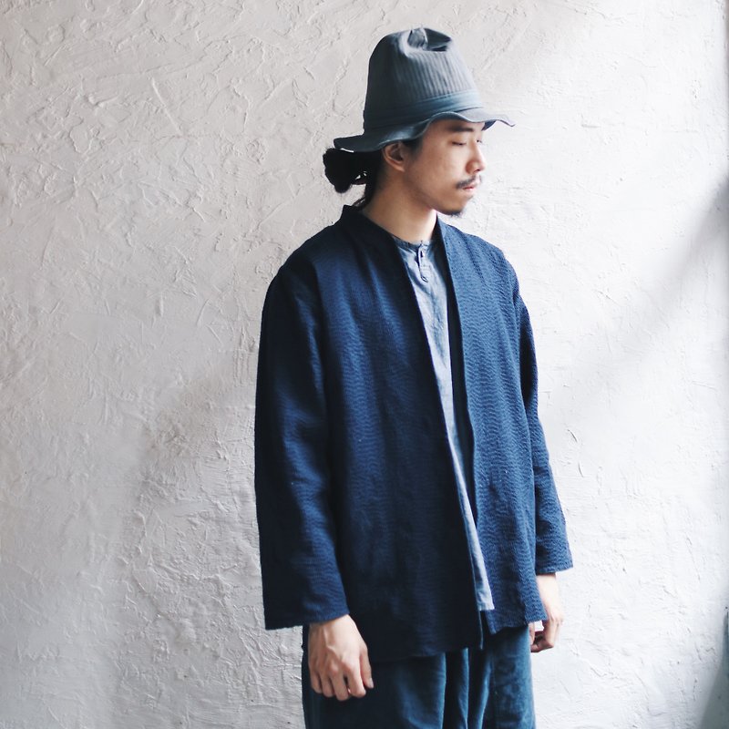 Omake手工縫線開襟式外套(丈青) - 男夾克/外套 - 棉．麻 藍色
