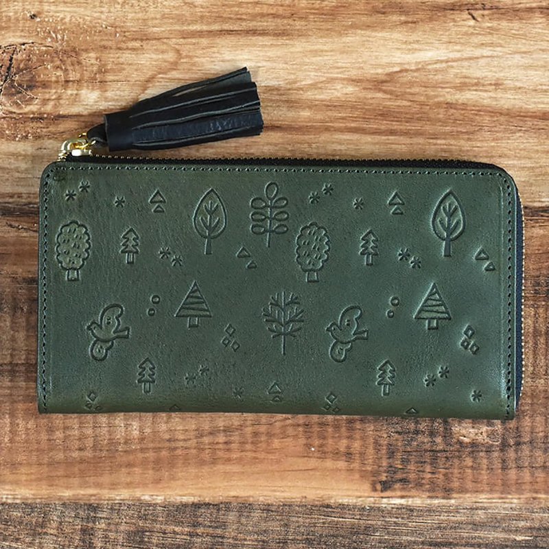 Tochigi Leather Long Wallet with Skimming Prevention TIDY Made in Japan Embossed Genuine Leather Cowhide Leather Green - กระเป๋าสตางค์ - หนังแท้ สีเขียว