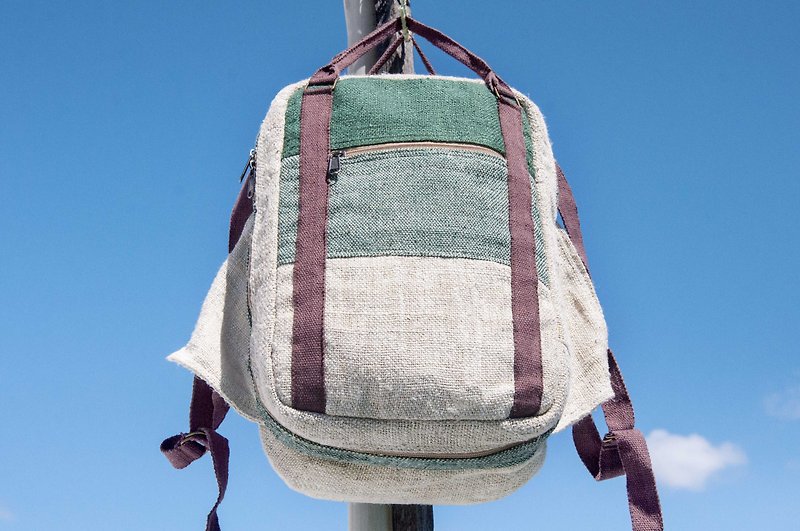 Cotton and linen stitching design backpack backpack national mountaineering bag handmade computer bag - forest wind green grass green - กระเป๋าเป้สะพายหลัง - ผ้าฝ้าย/ผ้าลินิน สีเขียว
