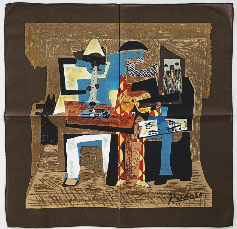 パブロ・ピカソ作品プリント、19 x 18.5インチ、「三人の音楽家」1921年 - ハンカチ - コットン・麻 ブラウン