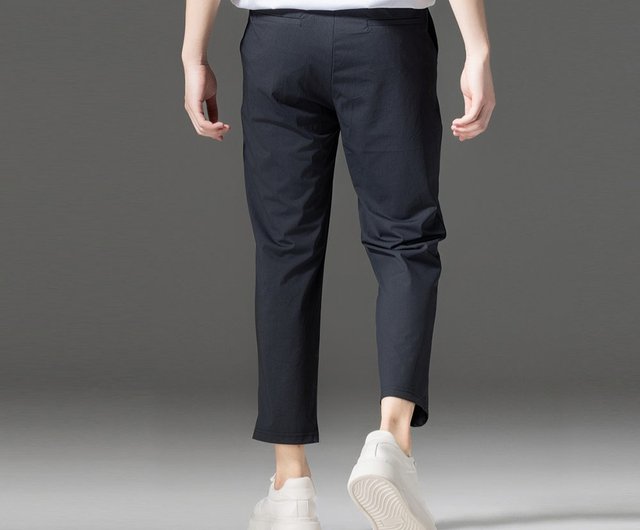 秋メンズ黒スラックス薄手ストレッチクロップドパンツおしゃれ
