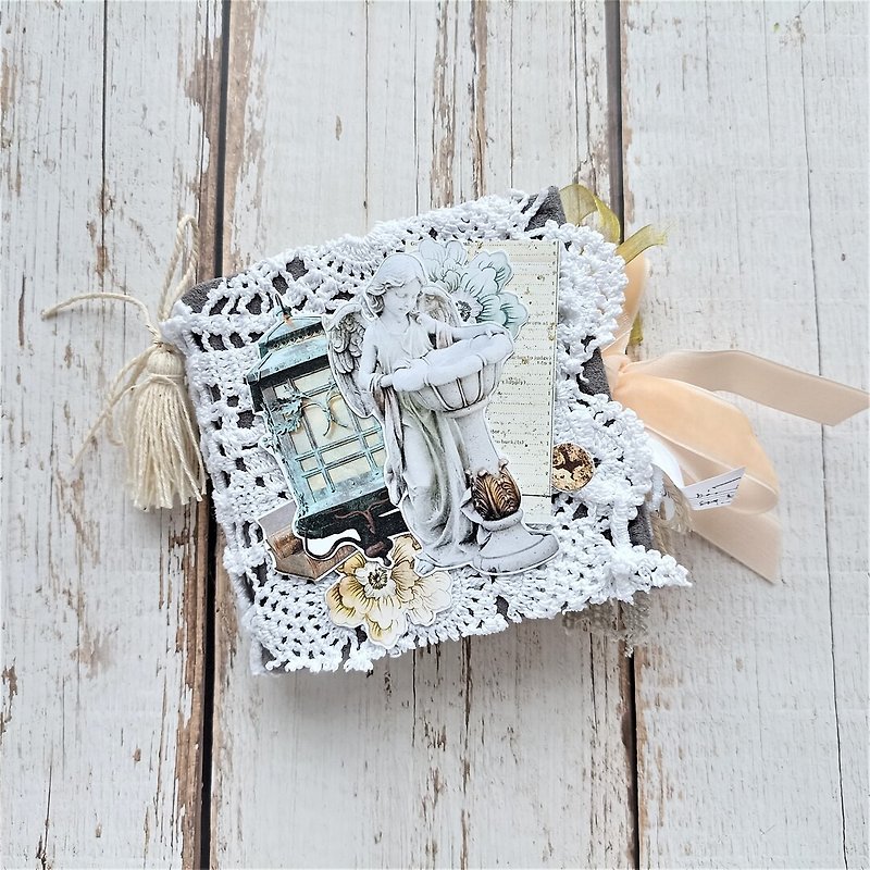 Paper Notebooks & Journals White - Vintage angel junk journal handmade lace Tiny mint diary for sale homemade blank