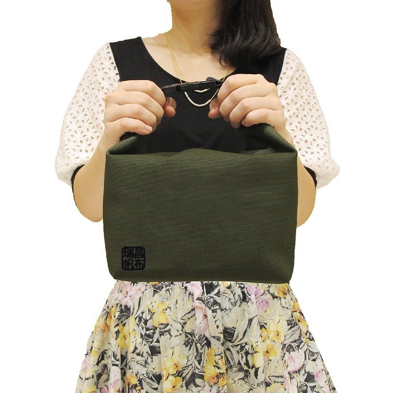 Canvas eco-friendly lunch bag, portable, multi-purpose, large capacity, warm dark green - กระเป๋าถือ - ผ้าฝ้าย/ผ้าลินิน สีเขียว