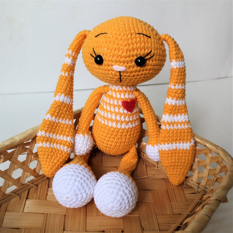 可愛的長耳朵針織兔子，黃色毛絨兔子 Amigurumi 鉤針兔子 - 寶寶/兒童玩具/玩偶 - 羊毛 黃色