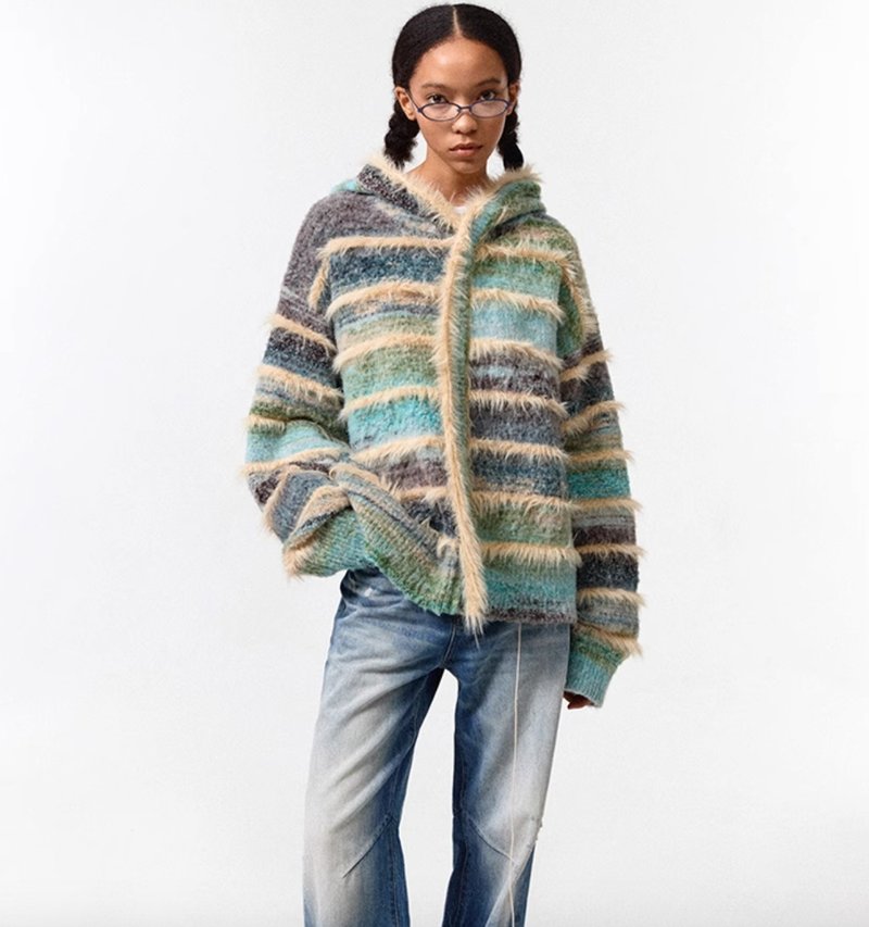 Rendering terrace gradient stripes knitted hooded jacket loose lazy sweater - Women's Sweaters - Other Materials Multicolor