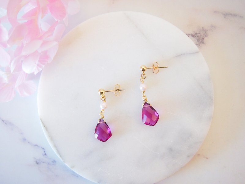 Anniewhere | Water drop | Quartz Stone single bead earrings (can be changed without pierced ears) - Earrings & Clip-ons - Gemstone Pink