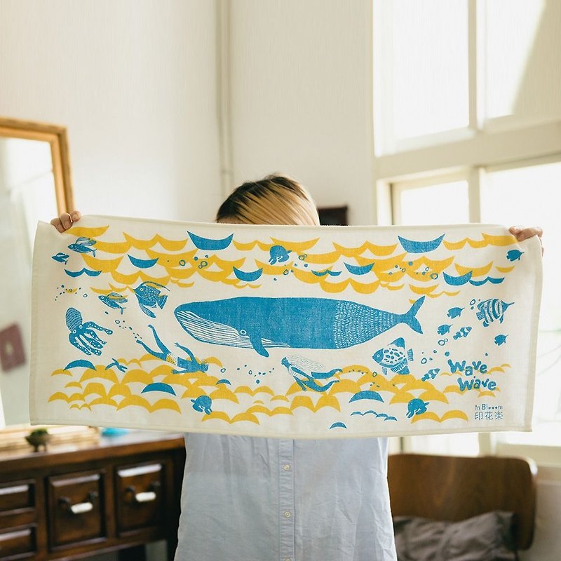 Long Gauze Towel / Limited / Wave Wave - Blue & Yellow - Towels - Cotton & Hemp Yellow