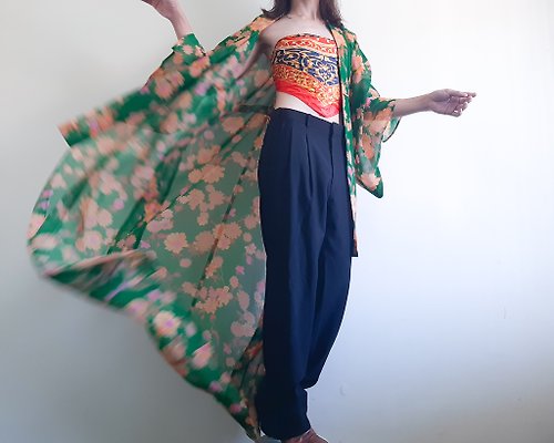 ISSARA ART GALLERY 復古花卉和服長袍日本透明花卉和服夏季花卉和服