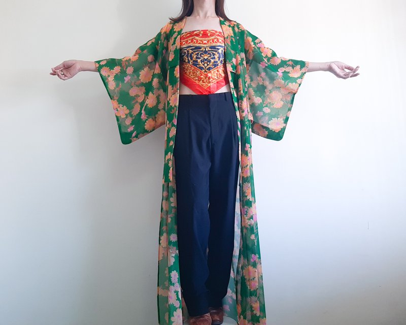 復古花卉和服長袍日本透明花卉和服夏季花卉和服 - 女大衣/外套 - 聚酯纖維 多色