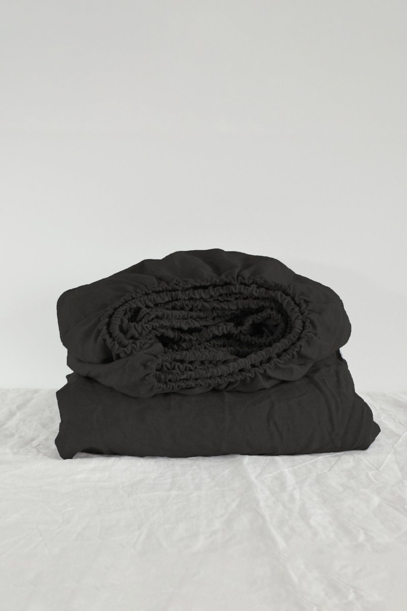 Black linen fitted sheet / Softened linen bed sheet / Deep pocket - 寢具/床包 - 亞麻 黑色