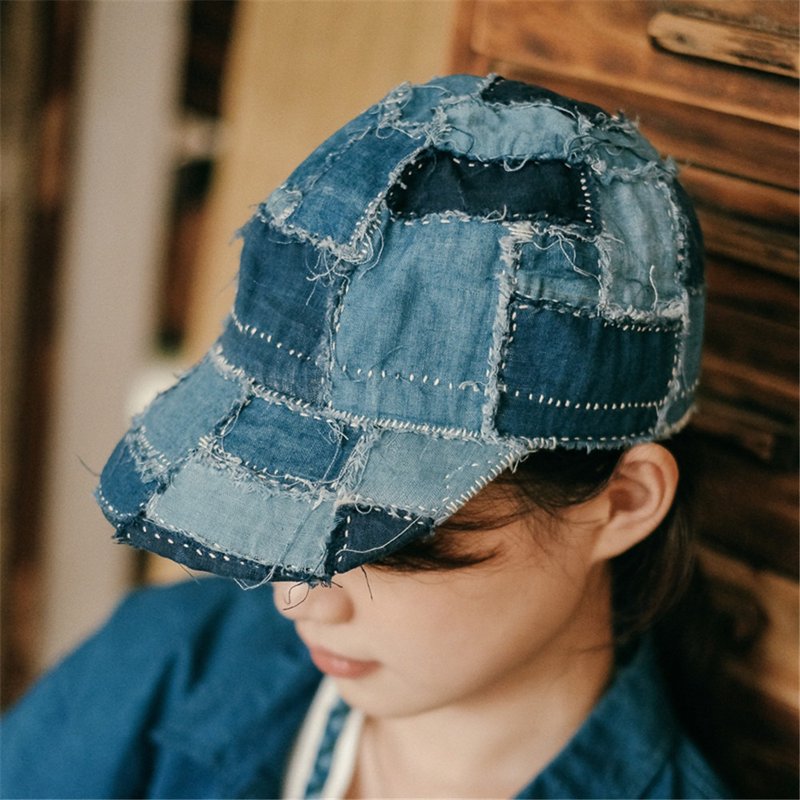 靛藍色拼布 藍染刺子繡拼片City girl 鴨舌帽戰俘帽 中性男女帽子 - 帽子 - 棉．麻 藍色