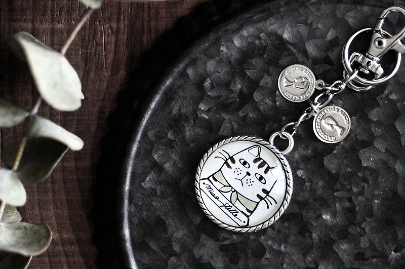 Home cat key ring - tabby cat / glass ball charm / 3cm large key ring - Keychains - Other Metals Silver