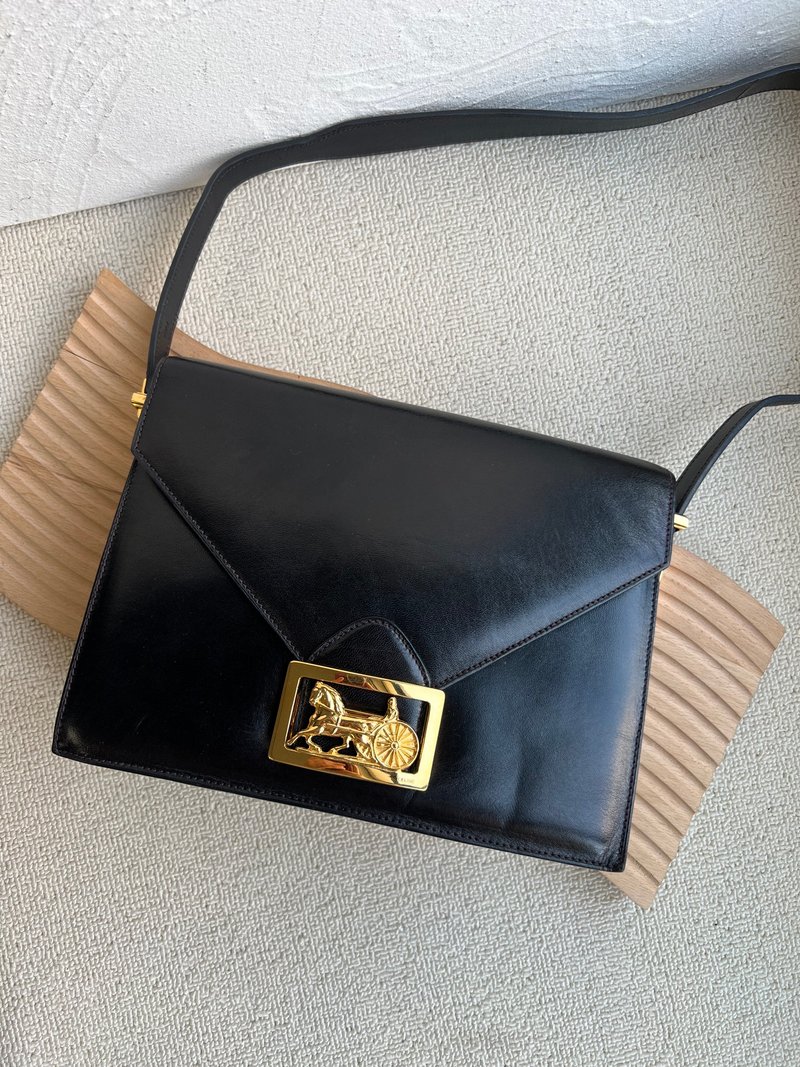 稀有中古包Vintage Celine 深棕馬車大方扣信封風琴包 - 側背包/斜背包 - 真皮 