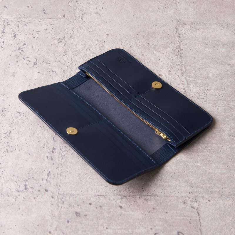 Simple Coin Bag Long Clip Bifold Long Wallet / Dark Blue Navy - กระเป๋าสตางค์ - หนังแท้ สีน้ำเงิน