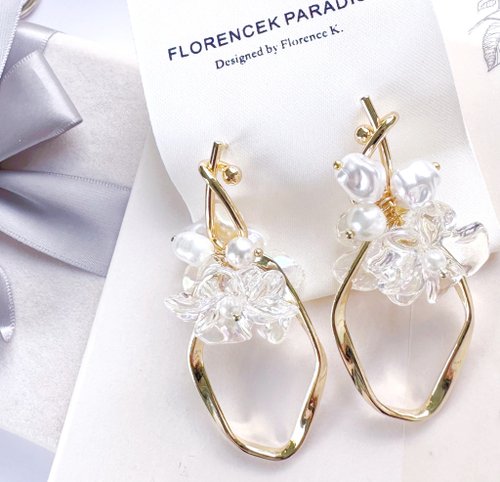 Florencek Paradise 婚嫁首飾/珍珠耳環/ 結婚耳環/ 派對耳環/垂墜式耳環/14K包金耳環