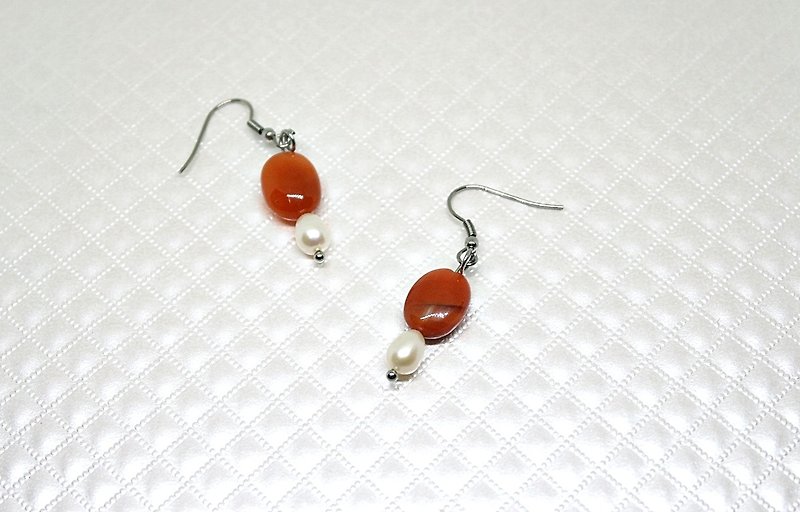 Stainless Steel X Natural Stone Hook Earrings <Gentle Xianshu> - Earrings & Clip-ons - Gemstone Orange