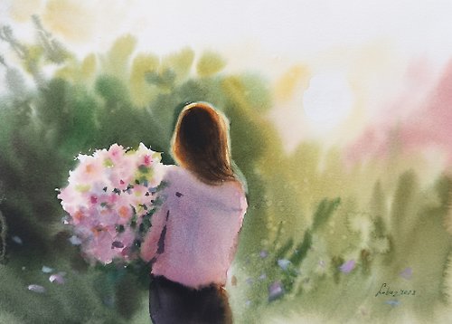 AnastasiaLobuzArt Flowers whisper to her about love - Original watercolor painting 花儿对她耳语谈恋爱-原创水彩画