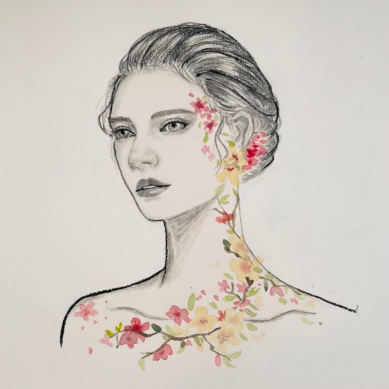 線上課程 / 花紋身的女人 / 人像素描水彩 - 線上教學/教學影片 - 其他材質 