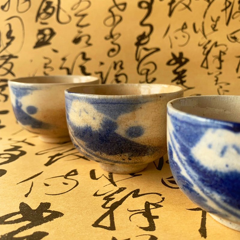 日本 富士山青花瓷杯組 │昭和時代 冰裂紋 開片 瓷器 收藏 老物 - 茶壺/茶杯/茶具 - 陶 藍色