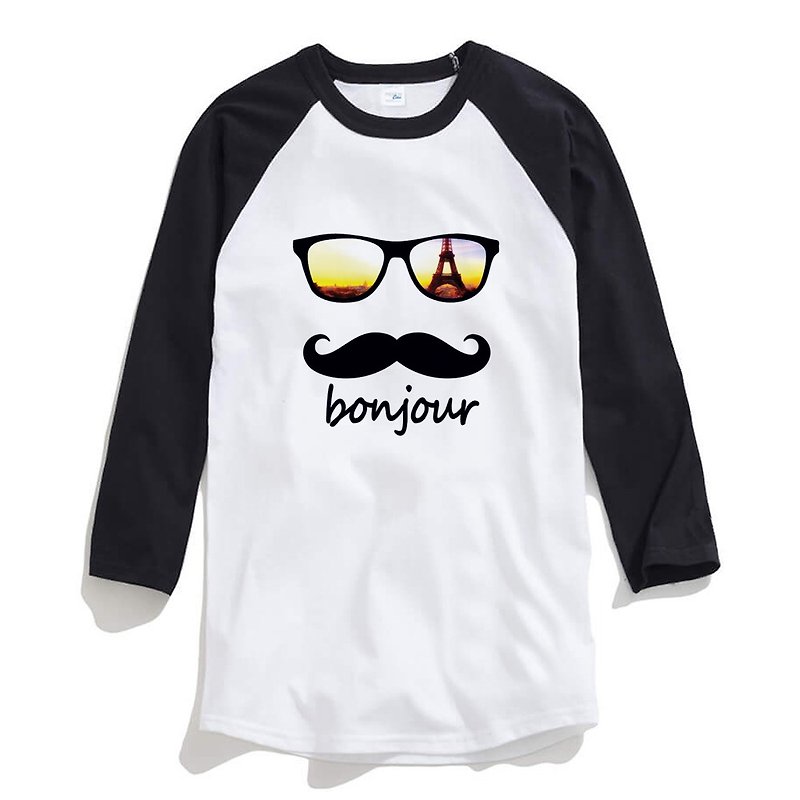 bonjour Paris unisex 3/4 sleeve white/black t shirt - Men's T-Shirts & Tops - Cotton & Hemp White