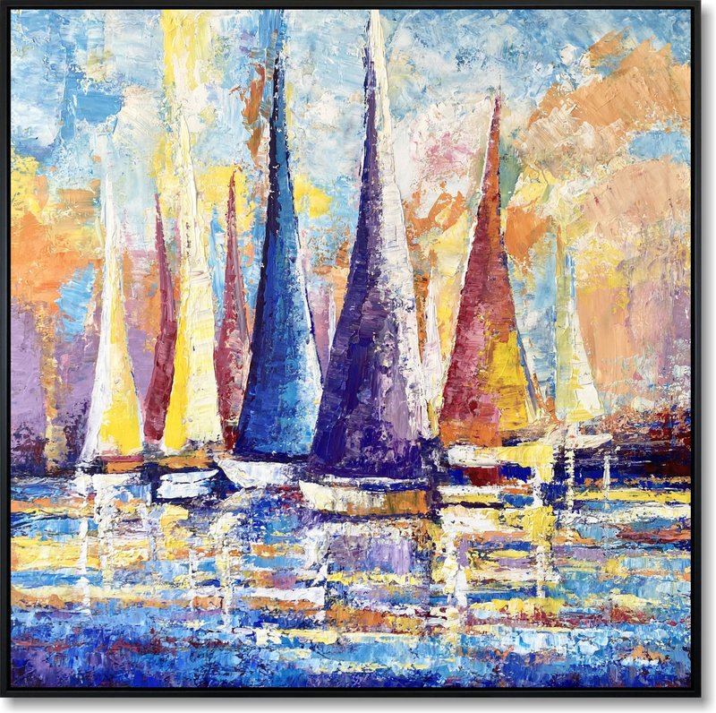 Nautical Coastal Wall Art Colorful Sailboat Seascape Impressionist Sunset Art - 壁貼/牆壁裝飾 - 壓克力 多色