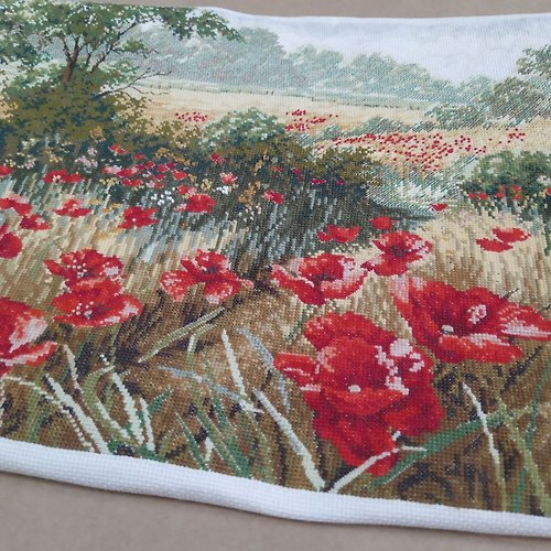 RomanovaCrossStitch Handmade Red Poppies Thread Painting Canvas Wall Art Picture for Living Room