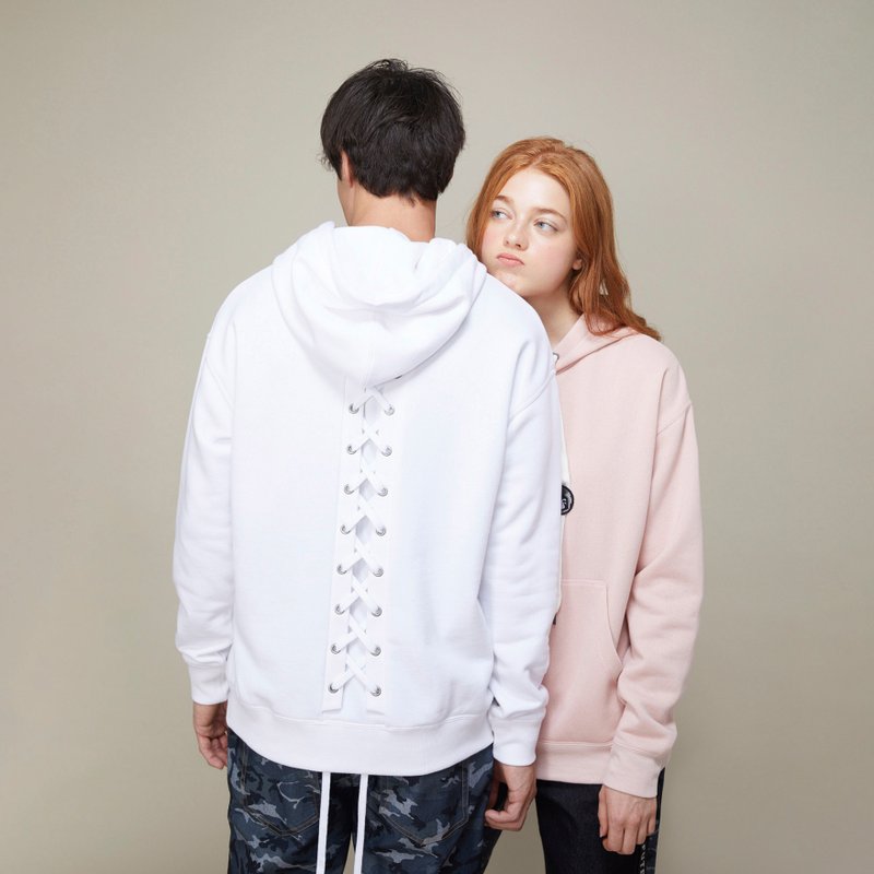 Exclusive- [Couple]フード付きトップ、レースバック/ホワイト+ピンク - トップス ユニセックス - コットン・麻 ホワイト