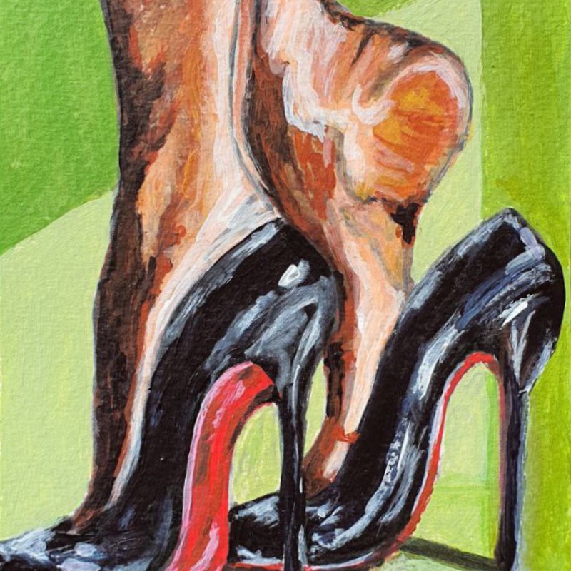 Shoes Painting Black Stockings Seam Original Art Pantyhose Woman Legs High Heel - 海報/掛畫/掛布 - 其他材質 綠色