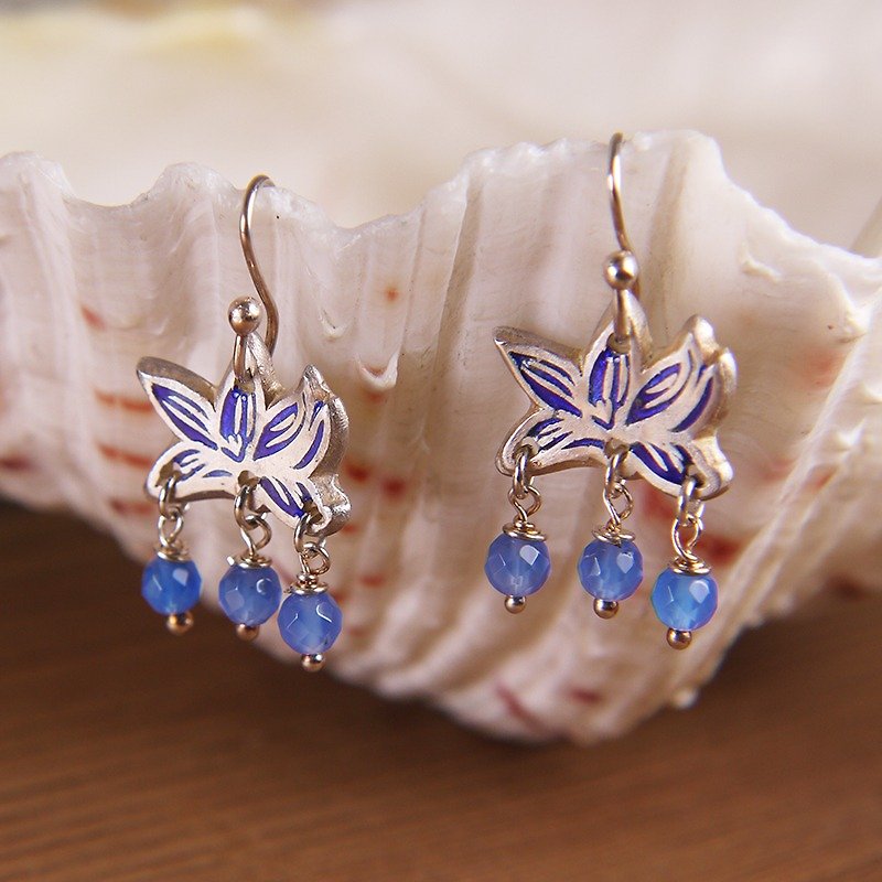 Louts-Fine Silver Enamel Ear Rings with Blue stones. - ต่างหู - โลหะ 