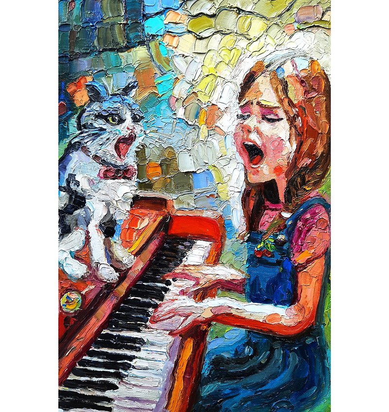 Girl and Cat  Art  Original Oil Art  Wall Decor Oil Painting Oil On Cardboard - Wall Décor - Other Materials Multicolor