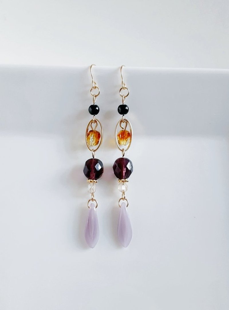 Chic long earrings with Czech beads and oval hoops. Autumnal amethyst purple. Perfect for birthday gifts. Hypoallergenic ear wire or clip-on earring options available. - Earrings & Clip-ons - Glass Purple