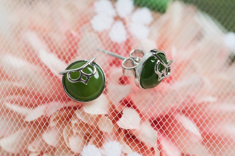Round Owl Jade Earrings Natural Jasper A Goods 925 Sterling Silver Valentine's Day Birthday Gift - Earrings & Clip-ons - Gemstone Green